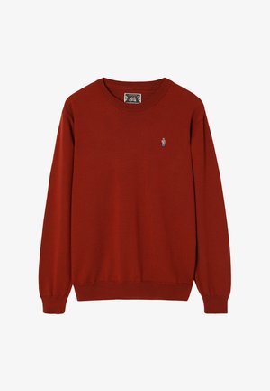 Punainen pitkähihaisen villapaita, joka on valmistettu tekstuurillisesta kankaasta. Se on varustettu pyöreällä pääntiellä ja resorikahteilla, joissa on pieni kirjailtu hahmo rinnassa.