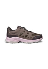 Chaussure de randonnée marron et noire avec semelle rose, panneaux en mesh et fermeture à lacets rapide, conçue pour une utilisation en sentier extérieur.