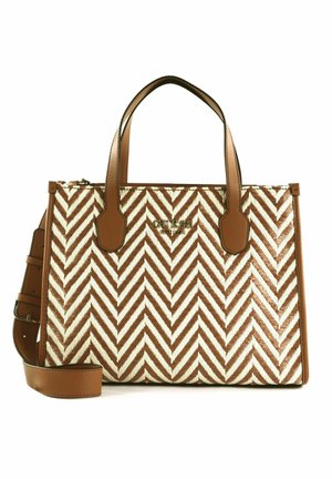 Borsa a tracolla con motivo a zigzag marrone e crema, con dettagli in pelle, doppi manici superiori e una tracolla removibile. Dettaglio del logo in oro.