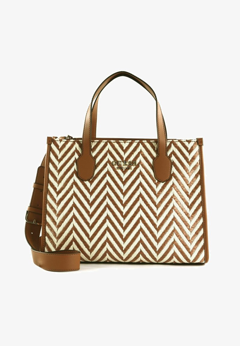 Borsa a tracolla con motivo a zigzag marrone e crema, con dettagli in pelle, doppi manici superiori e una tracolla removibile. Dettaglio del logo in oro.