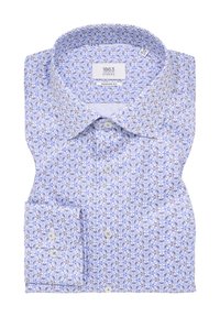 Camicia blu a fantasia con una vestibilità moderna, caratterizzata da un motivo floreale in tonalità di blu e bianco, colletto pieghevole e polsini con bottoni.