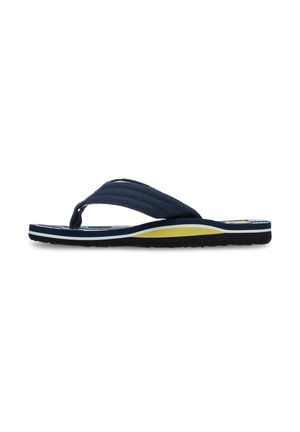 Marineblaue Flip-Flops mit Stoffriemen, strukturiertem Fußbett und einer kontrastierenden gelben Zwischensohle. Verfügt über eine schwarze Gummisohle.