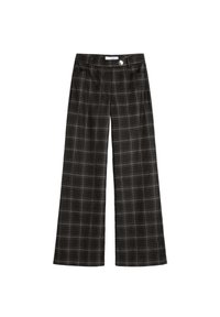 Pantalons à carreaux noir et blanc avec jambes larges, dotés d'une fermeture à bouton sur le devant et d'une texture de tissu lisse.