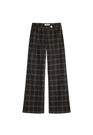 Pantalones a cuadros en blanco y negro con piernas anchas, que cuentan con un cierre frontal de botón y una textura de tela suave.
