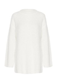 Pull blanc et duveteux à coupe décontractée, manches longues et encolure arrondie. Tissu texturé avec une apparence douce.