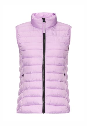 Gilet sans manches lilas avec un motif matelassé horizontal, col haut et fermeture éclair à l'avant. Dispose de deux poches latérales avec fermetures éclair.