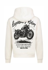 White hoodie featuring a black graphic of a motorcycle with text: "Legendary Riders," "Custom Motors," and "life is a journey - enjoy the ride."