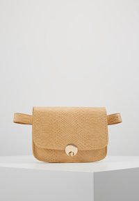 Béžová kabelka s hadím vzorem, obdélníkového tvaru, s magnetickým zapínáním a jedním popruhem. Hladký povrch s kovovými akcenty.