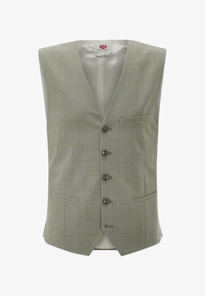 Hellgraue Herrenformweste mit fünf Knöpfen, drei Vorderentaschen und V-Ausschnitt.