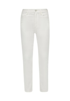 White skinny jeans, made of smooth cotton-rich fabric. Features five pockets, a zip fly, and a silver-tone button at the waistband.