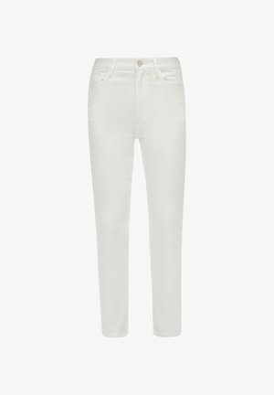 White skinny jeans, made of smooth cotton-rich fabric. Features five pockets, a zip fly, and a silver-tone button at the waistband.