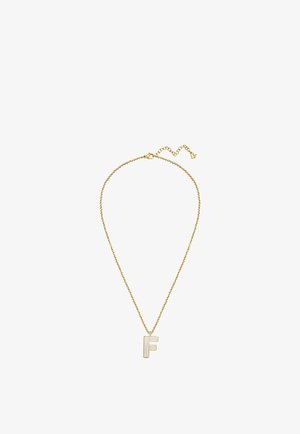 Guld kæde med vedhæng formet som bogstavet F, med et stribet design og justerbart lås.