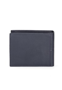 Portafoglio in pelle blu navy con un design slim, caratterizzato da una texture liscia, dettagli di cucitura in alto e scomparti per carte sul lato destro.