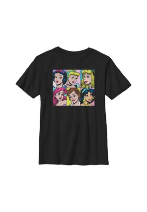 Sort T-shirt med seks farverige tegneserieportrætter af animerede prinsessefigurer arrangeret i to rækker med tre i hver.