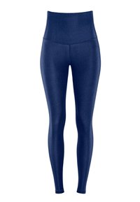 Navyblå högmidjade tights med en smidig, elastisk textur, designade för komfort och flexibilitet. Har en sömlös konstruktion.