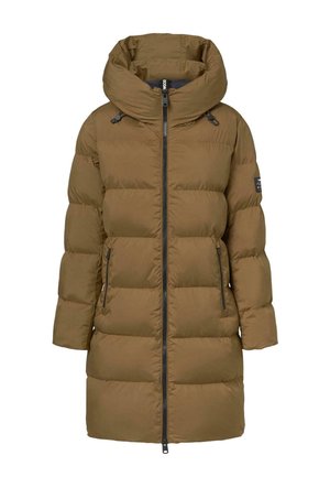 Giacca a sacco marrone con collo alto, zip frontale, due tasche laterali e cappuccio. Presenta un design trapuntato con sezioni cucite per l'isolamento.