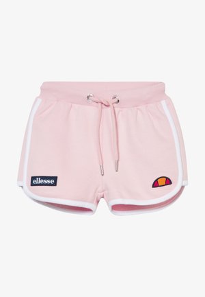 Roosa puuvillased lühikesed püksid elastse vöökoha, valge äärise, nööriga ja vasakul küljel tikandiga logoga.