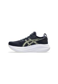 Chaussures de course pour hommes, dotées d'une tige en mesh bleu foncé, d'une semelle intermédiaire blanche en forme de vague et d'accents dorés réfléchissants, conçues pour le confort et la performance.