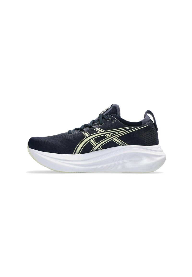 Chaussures de course pour hommes, dotées d'une tige en mesh bleu foncé, d'une semelle intermédiaire blanche en forme de vague et d'accents dorés réfléchissants, conçues pour le confort et la performance.