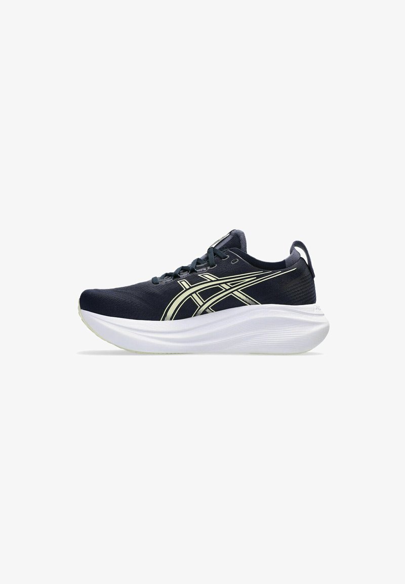 Zapatillas de running para hombres, con una parte superior de malla azul oscuro, una entresuela blanca en forma de ola y acentos reflectantes en dorado, diseñadas para la comodidad y el rendimiento.