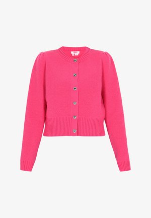 Hot pink cropped cardigan made of textured fabric, featuring a ribbed hem and cuffs, and heart-shaped silver buttons down the front.