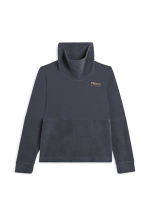 Sweatshirt bleu marine avec un col montant, présentant une partie supérieure mate contrastante et une section inférieure en velours. Logo "FREDDY" en doré sur la poitrine.