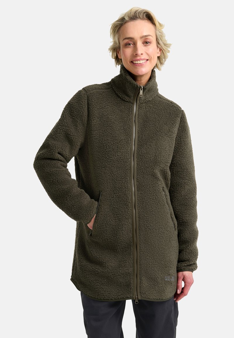 Olivgrüne Fleecejacke mit hohem Kragen, Reißverschluss und seitlichen Taschen. Verfügt über eine strukturierte, weiche Oberfläche und eine entspannte Passform.