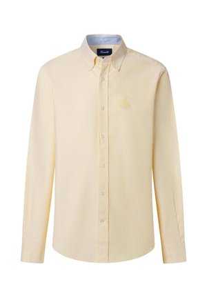 Camicia a maniche lunghe a righe gialle con colletto button-down, con un piccolo logo ricamato sul petto. Materiale in cotone, superficie strutturata.