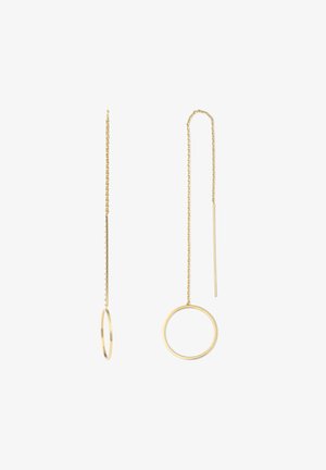 Goldene Ohrringe mit einer langen Kette und zwei runden Anhängern: einem kleinen und einem großen, mit einer glatten, polierten Oberfläche.