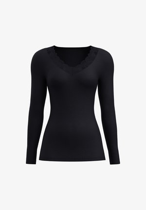 Zwarte lange mouw top met een ribbelstructuur en een V-hals. Beschikt over een kanten rand rond de halslijn, wat een contrasterend detail biedt.