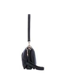 Borsa a tracolla in pelle nera con forma arrotondata, superficie testurizzata e dettagli in metallo dorato. Include una tracolla lunga e un manico corto.