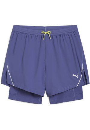 Purple athletic shorts with a yellow drawstring, inner lining, and contrasting white accents, featuring a logo on the lower side.