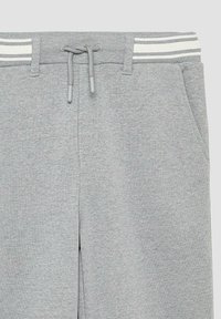 Grijze sweatpants met een verstelbare tailleband, twee zijzakken en gestreept stof op de elastische tailleband. Zachte textuur, casual ontwerp.