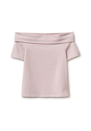 Top rosa chiaro con spalle scoperte, maniche corte, ampia scollatura piegata e orlo dritto su sfondo bianco.