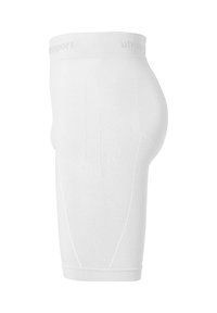 Kurze weiße Kompressionsshorts mit glatter Oberfläche, ausgestattet mit einem Logo-Bund und dezenten Musterdetails an den Seiten.