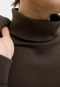 Brown turtleneck sweater made of smooth, knitted fabric. Features a high collar and ribbed detailing around the neck and cuffs.