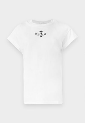 T-shirt bianca a maniche corte in cotone, con logo stampato nero "REPLAY NOT ORDINARY" sul davanti, scollo rotondo e vestibilità rilassata.