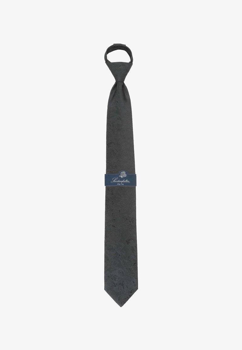 Dunkelgraue Krawatte mit strukturiertem Blumenmuster, zulaufend zu einem spitzen Ende, oben mit einer Schlaufe befestigt. Blaues Etikett mit sichtbarem Logo.