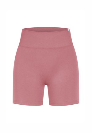 Lyserøde high-waisted shorts lavet af strækbart stof. Har en glat tekstur og et ensfarvet design uden mønstre eller pynt.