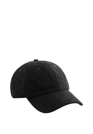 Black corduroy baseball cap with curved brim and stitched ventilation eyelets, displayed on white background.