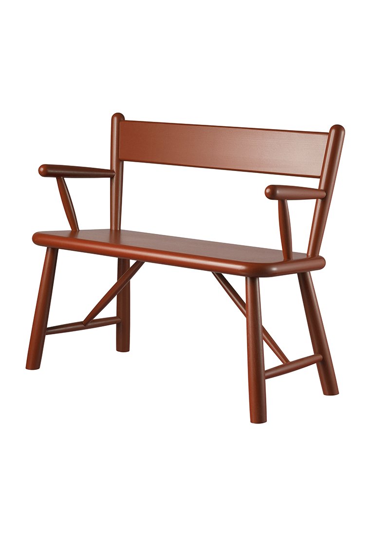 Panchina in legno con braccioli e schienale, dotata di gambe angolate e rinforzi, rifinita in un colore marrone rossastro.