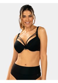 Czarny stanik z fiszbinami, o smukłym designie, z wieloma detalami w postaci pasków i metalowymi akcentami. Gładka tekstura z nowoczesnym krojem i regulowanymi ramiączkami.