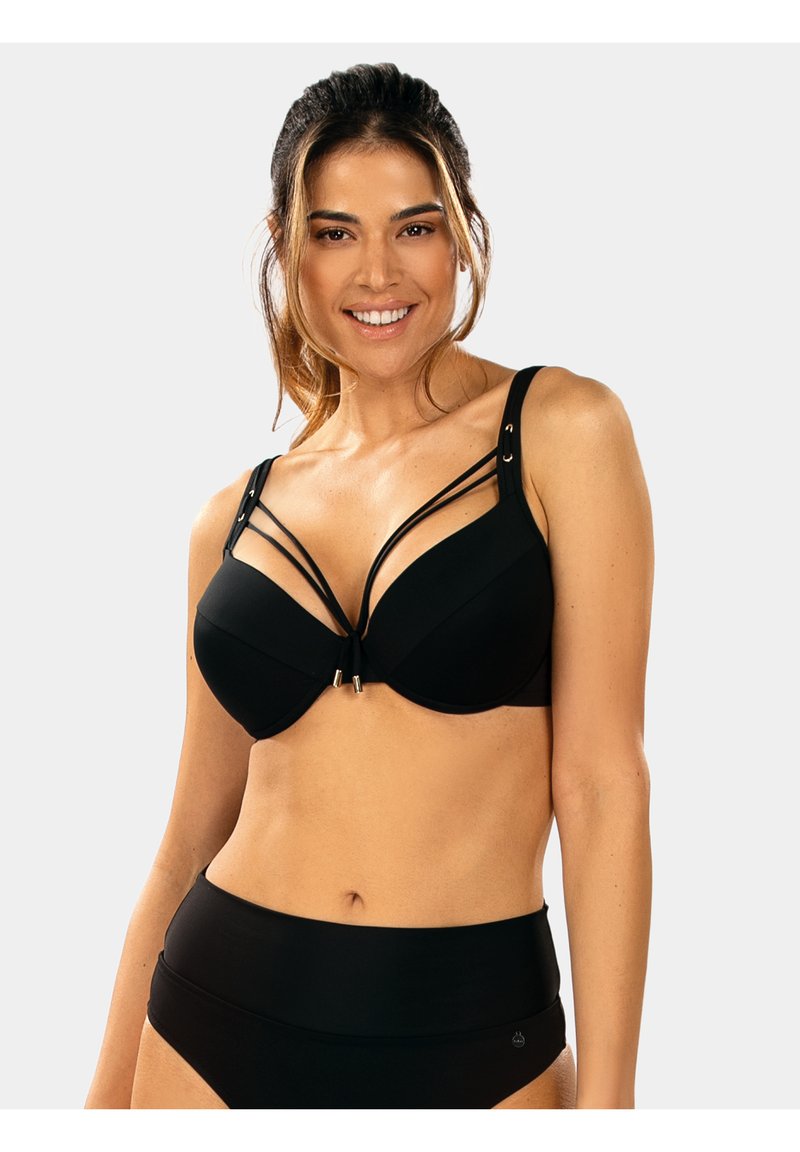 Czarny stanik z fiszbinami, o smukłym designie, z wieloma detalami w postaci pasków i metalowymi akcentami. Gładka tekstura z nowoczesnym krojem i regulowanymi ramiączkami.