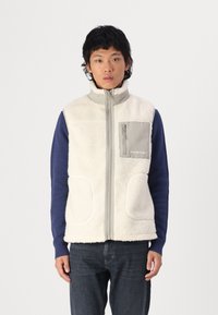 Fleece vest in off-white with gray accents; features high collar, front zip, and side pockets; layered over a blue long-sleeve shirt.