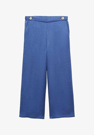 Pantalon bleu à jambes larges avec une ceinture élastique et deux boutons marron en haut, doté de poches latérales.