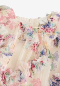 Robe bébé transparente avec imprimé floral pastel et volants superposés, dotée d'un col rond et d'une étiquette NEXT baby à l'intérieur du col.