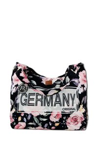 Bloemrijke tas in zwart met roze rozen en witte accenten. "GERMANY ORIGINAL" is in vetgedrukte zwarte tekst op de voorkant gedrukt. Zacht stof.
