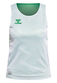Witte mesh sport tanktop met groene accenten en logo. Heeft een ronde halslijn en zijpanelen voor ademend vermogen. Lichtgewicht ontwerp.