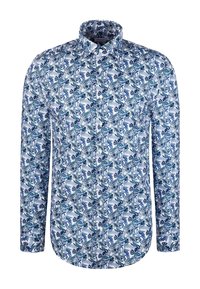 Camicia a maniche lunghe bianca e blu con un motivo floreale complesso, dotata di colletto aperto e chiusura con bottoni sul davanti. Materiale in misto cotone.