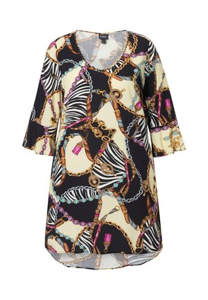 Tunique noire présentant un mélange de motifs zèbre et chaînes dorées avec des accents colorés. Elle a un col en V et des manches évasées. Texture lisse.